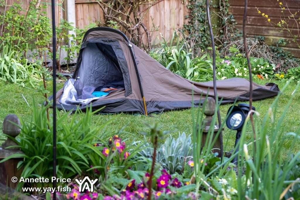 Garden camping using a Rab Ridge Raider bivi.