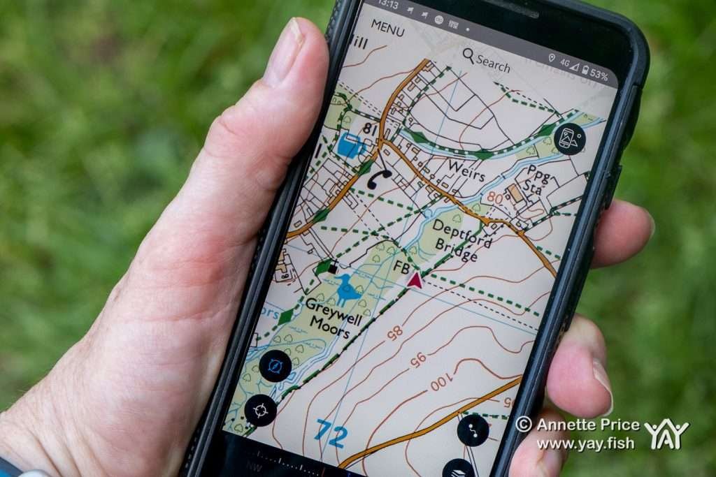 OS Map on phone. Greywell Moors, Hampshire, UK.