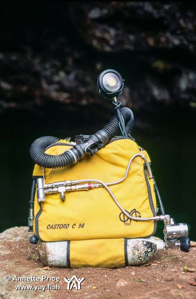 John Volanthen's modified military rebreather. Wookey Hole Cave.