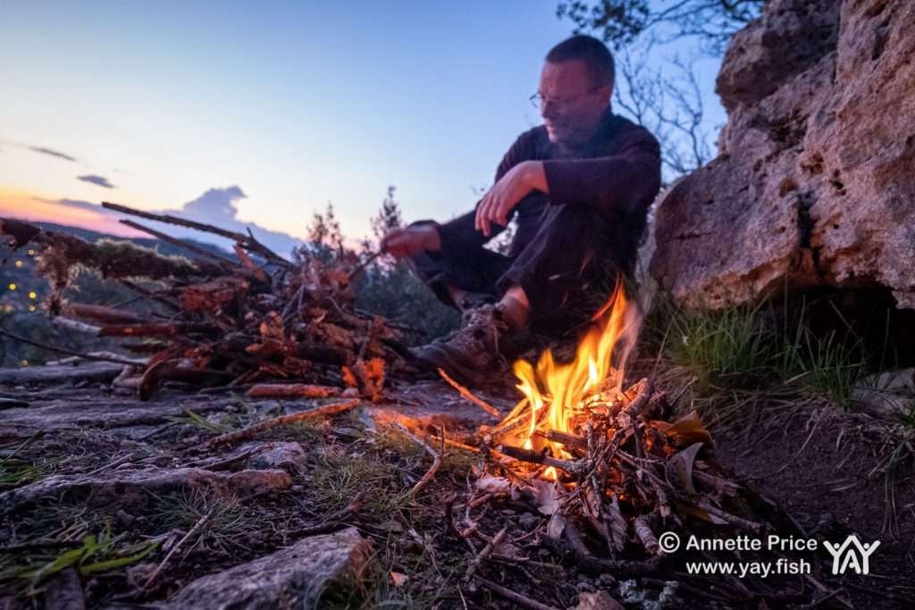 Evening campfire. Wild camping, Castelnaud-la-Chapelle, Dordogne, France