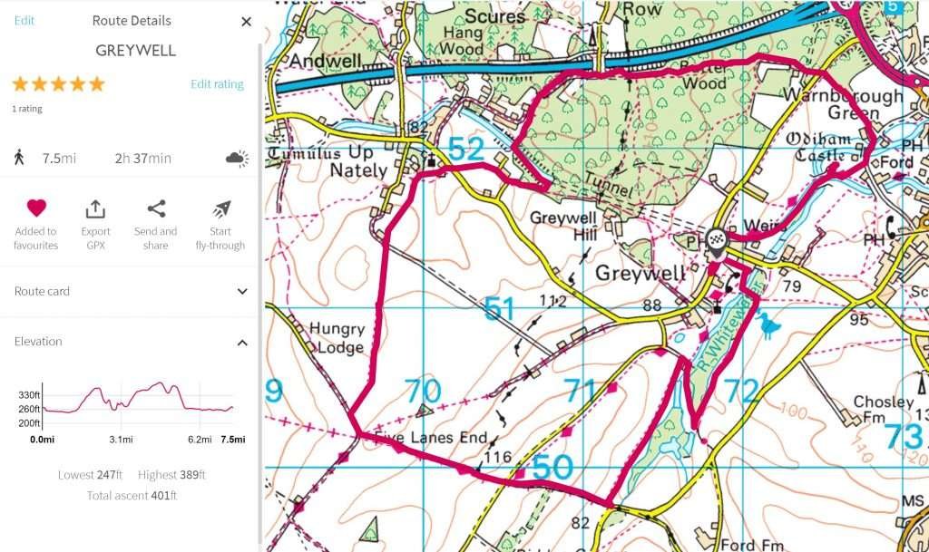 OS map showing Greywell walk