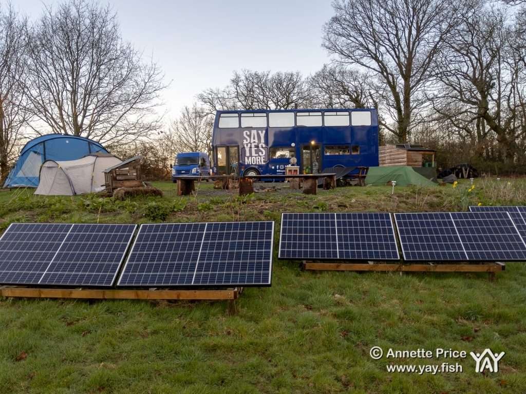 The bus is solar powered. Wild camping course at the Yes Bus. Part of Say Yes More. West Sussex, UK.