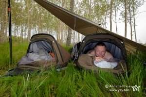 Wild camping along the river bank. River Dordogne, France.